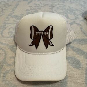 Katydid White Trucker Hat with Brown Football Bow